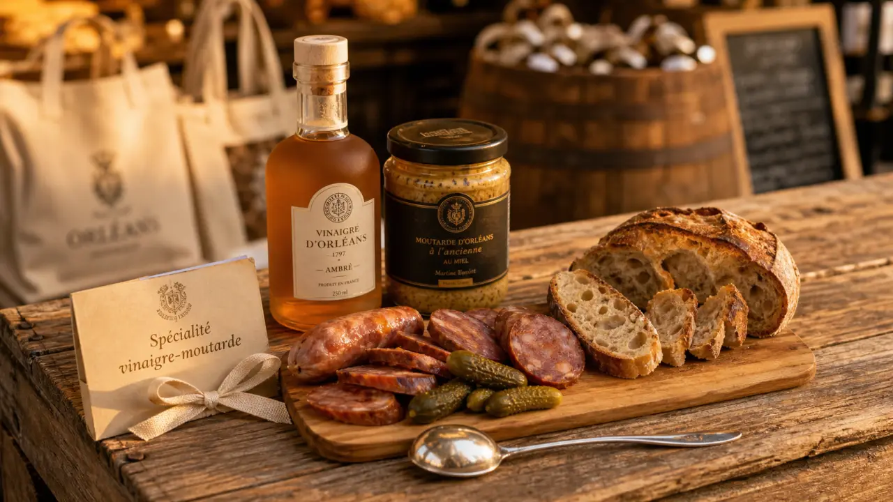 Spécialité culinaire orléans : vinaigre, moutarde et andouille, marché local