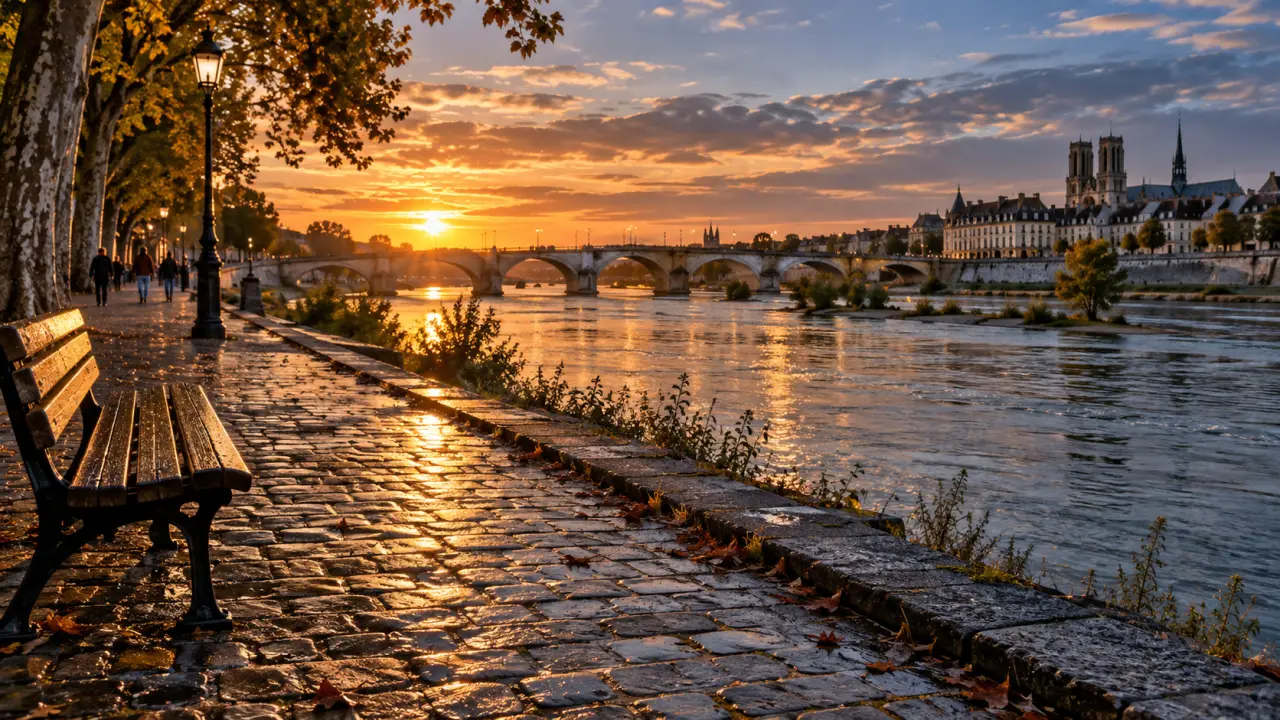Balade bord de loire orléans au bord du fleuve, chemin et Pont Georges V au golden hour