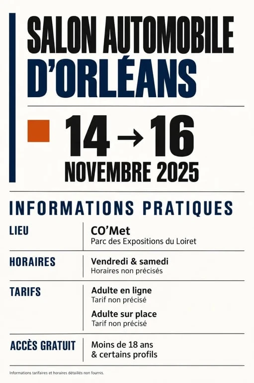 Infographie pratique du salon de l’auto Orléans avec dates, horaires, lieu et tarifs