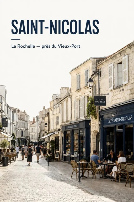 Quartier Saint-Nicolas à La Rochelle, rue piétonne avec terrasses et façades anciennes