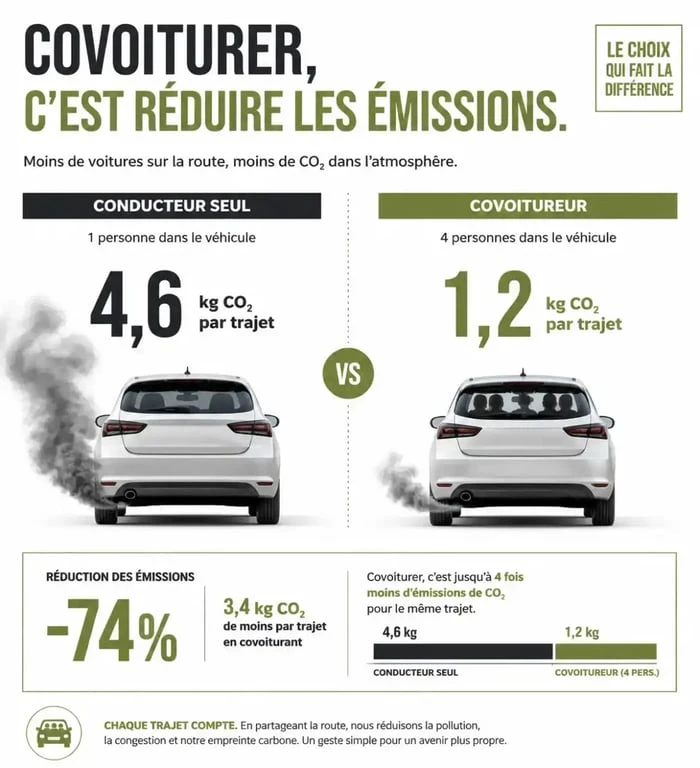 Infographie sur les bénéfices environnementaux et financiers du parking de covoiturage Vinci Autoroutes à La Chapelle-Saint-Mesmin