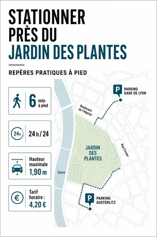 Parking Jardin des Plantes : visualisation de données sur la distance à pied, les tarifs et les horaires