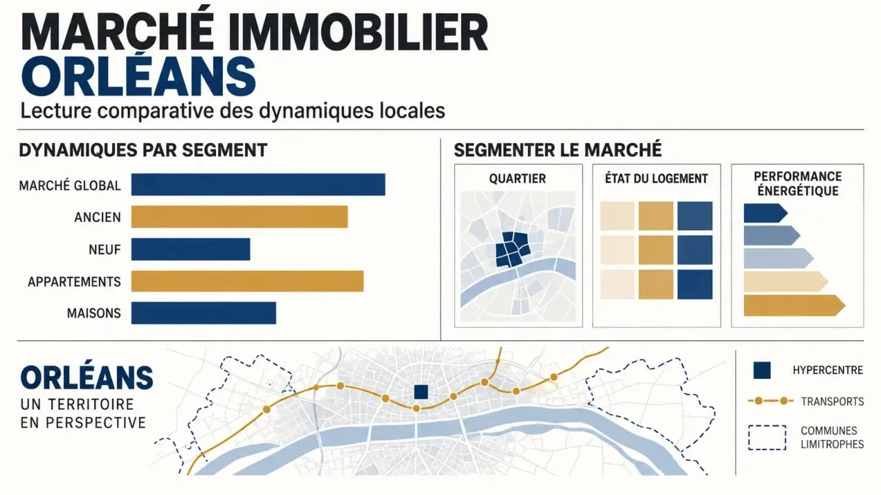 Infographie du marché immobilier à Orléans selon le type de bien, le quartier et le DPE