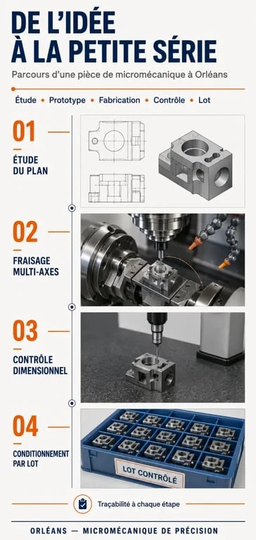 Infographie du parcours d’une pièce en micromécanique à Orléans, du plan au contrôle dimensionnel