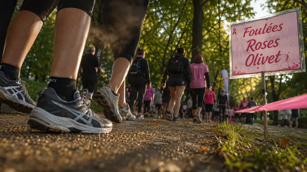 Les foulées roses olivet : marcheurs et coureurs près de la rubalise rose