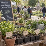 Marché aux plantes Orléans 2026 : étal de plantes en godets au jardin public