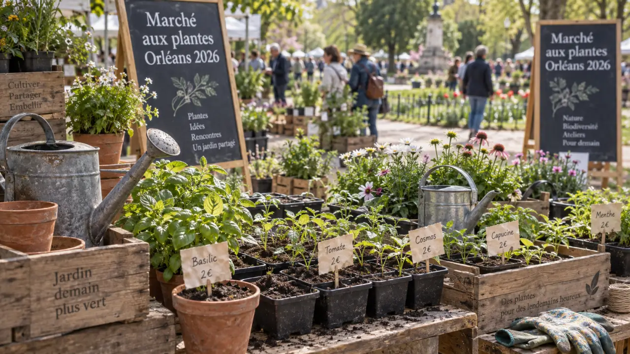 Marché aux plantes Orléans 2026 : étal de plantes en godets au jardin public