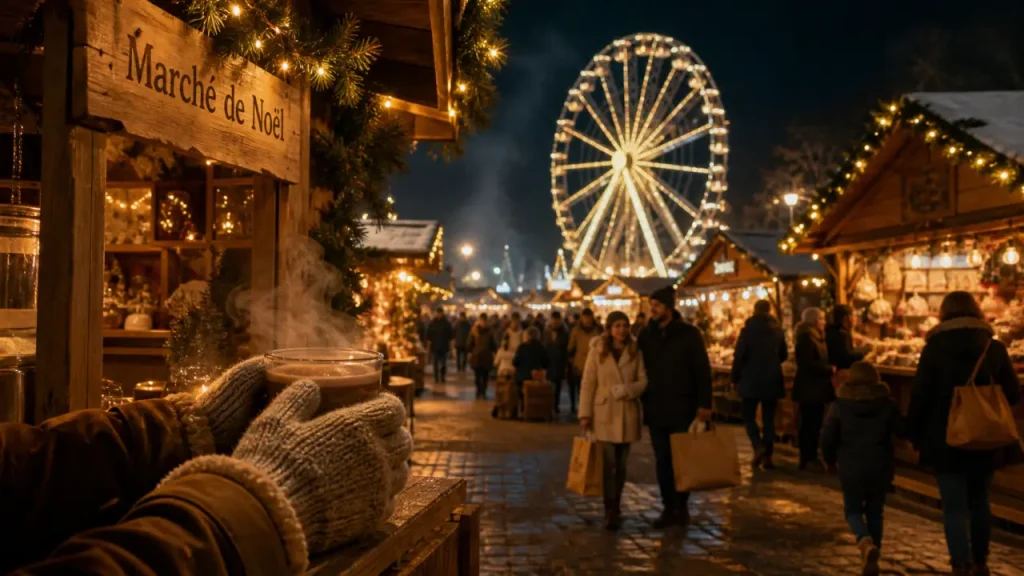 Marché de noël Orléans : verre chaud devant les chalets