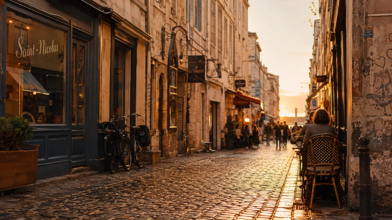 quartier saint nicolas à La Rochelle, ruelle piétonne et cafés au golden hour